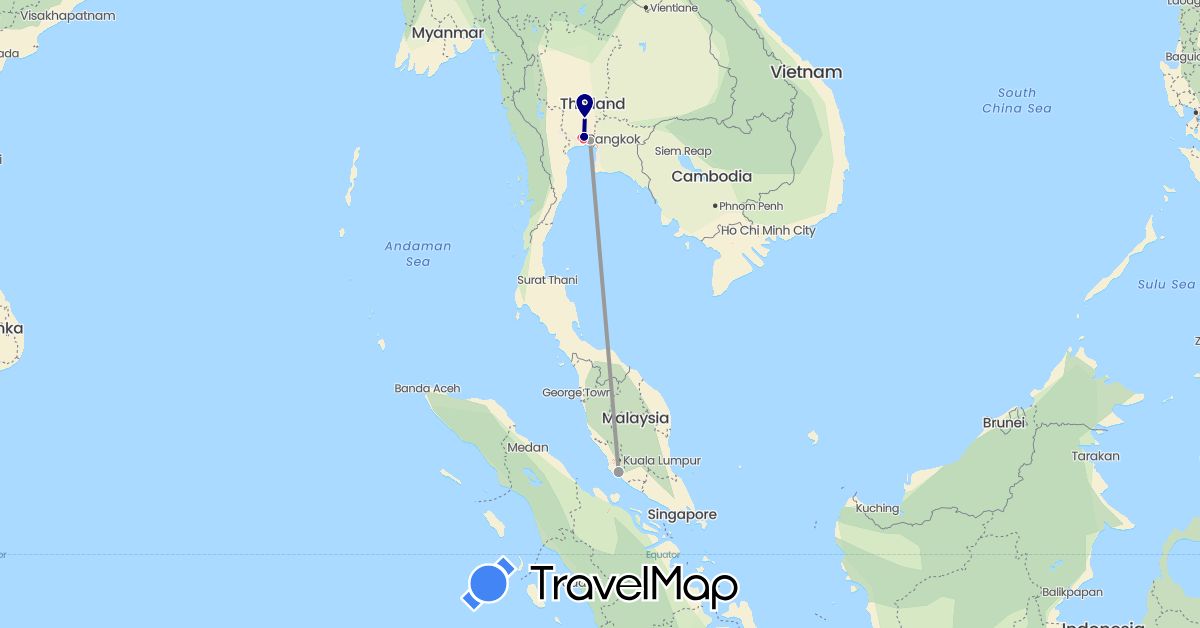 TravelMap itinerary: driving, plane, hiking in Malaysia, Thailand (Asia)