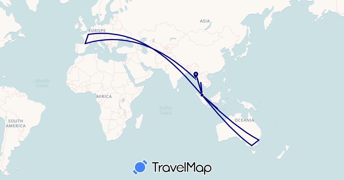 TravelMap itinerary: driving in Australia, France, Indonesia, Myanmar (Burma), Malaysia, Thailand (Asia, Europe, Oceania)